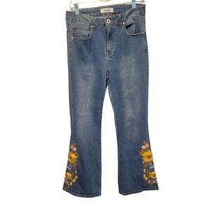 Telepatia Women Junior 13 Sunflower Embroidered Wide Leg Flare Jeans Hippie Boho